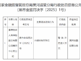 富德生命人寿黑河中心支公司被罚1万元：因内部控制不到位