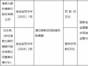 奉新九银村镇银行被罚30万元：通过借新还旧延缓风险暴露