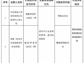 中信保诚人寿威海中心支公司被罚23万元：虚构中介业务套取费用、虚列经营费用