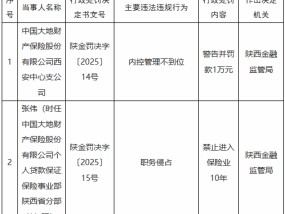 大地财险西安中心支公司内控管理不到位被罚 涉事员工因职务侵占被禁业10年