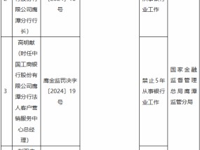 工商银行鹰潭分行因信贷业务违规被罚120万元：时任行长被终身禁业，其余两名涉事员工被禁业5年