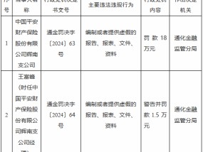 平安产险辉南支公司被罚18万元：编制或者提供虚假的报告、报表、文件、资料