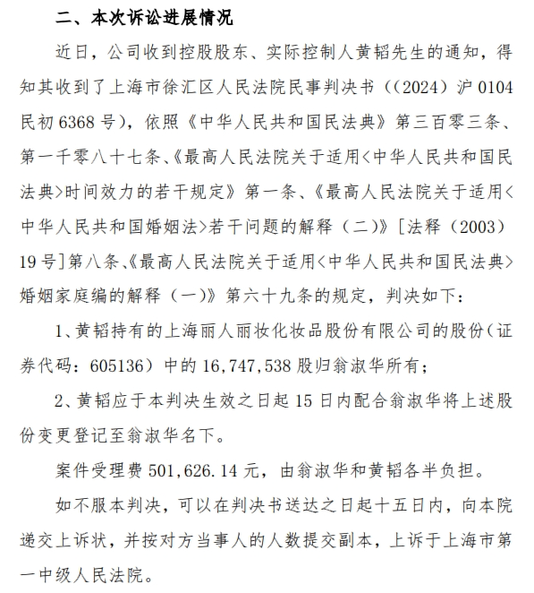 价值1.4亿元股权，被判给前妻！丽人丽妆实控人称将上诉！前妻曾“微博寻夫”，称两人白手起家