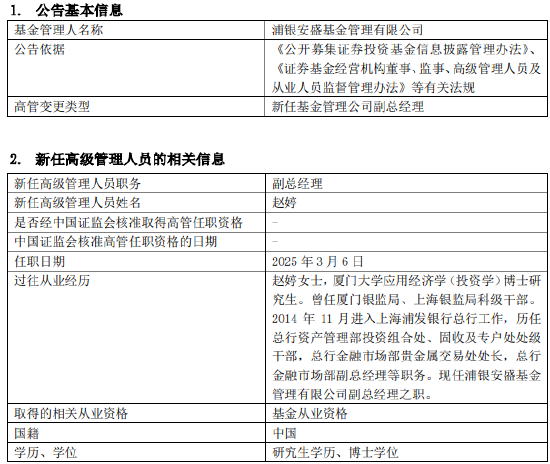 浦银安盛基金新任赵婷为副总经理